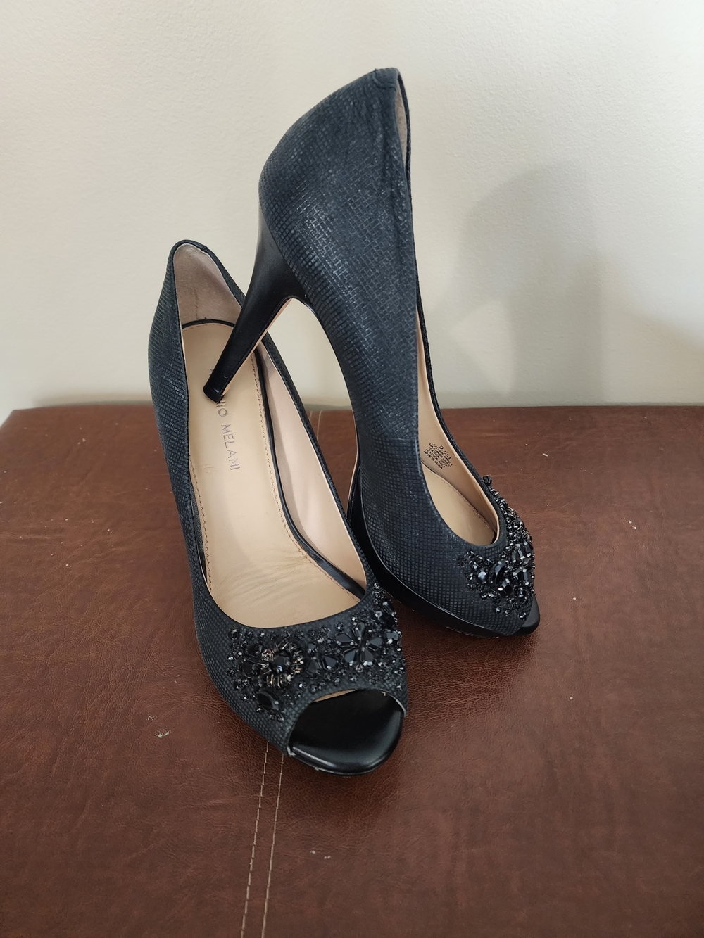 ANTONIO MELANI Black Beaded Peep-Toe Pumps